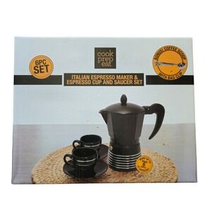 Cook Prep Eat Italian Espresso‎ Maker 6 Cup Set w Cups Saucers Scoop Moka Pot
